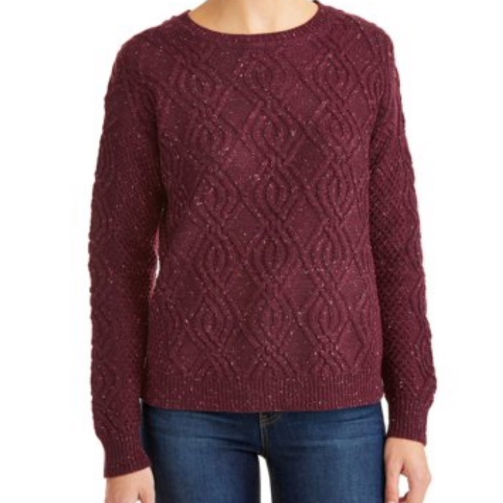 Time And Tru Cable Knit Sweater Chenille Round Neck Burgundy Size Medium